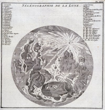 Selenografi av månen - i "" Historical Journey of South America gjord på Order of the King of Spain av Don George Juan och Don Antoine de Ulloa", T.2, vid C.A. Jombert, Librairie du Roi, Paris av Unknown artist