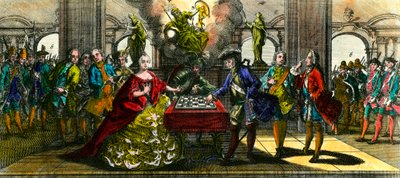 Sjuåriga kriget: allegori som representerar Marie Therese av Österrike (1717-1780) och Fredrik av Preussen (1712-1786) som spelar schack. Gravyr av 1700-talets privatsamling av Unknown artist
