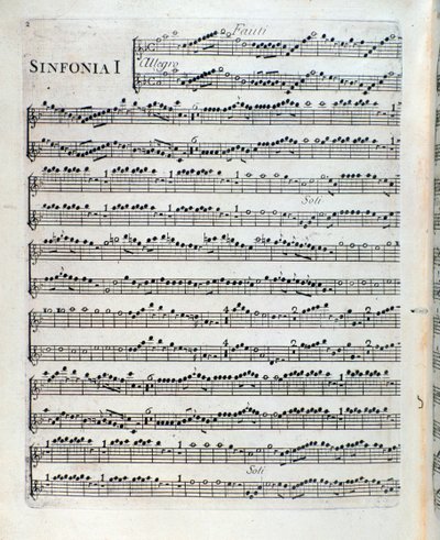 Noter för flöjt i den första symfonin av Sei sinfonie a piu strumenti op. 5 av Francois Joseph Gossec av Unknown artist