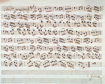Notblad för den första fiolen i invigningen av Mithridate, King of the Pont, opera av Mozart (1770) av Unknown artist