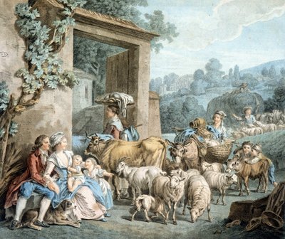Herdar och får flockas framför en gård. av Unknown artist