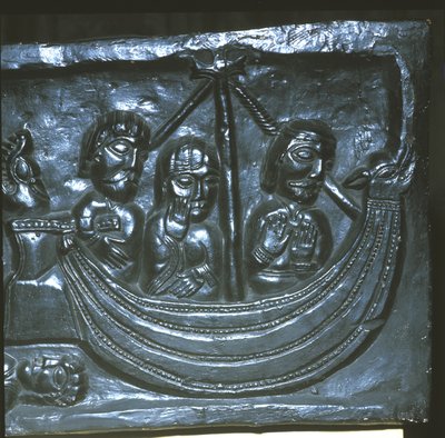 Skepp på 1100-talet. Detalj av Winchester Cathedral. Första kända representationen av ett modernt akterroder. En eller två åror användes tidigare på akterns sidor. av Unknown artist