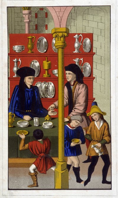 Guldsmedsbutik på 1400-talet - Repro av 1800-talet efter antik dok. av Unknown artist