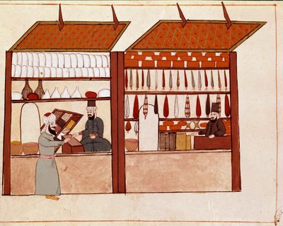 Butiker på gatorna i Konstantinopel. Miniatyr hämtad från ett Cicogna-manuskript från 1800-talet (1828) efter ett original från 1600-talet (1671). Venedig, Biblioteca Marciana av Unknown artist