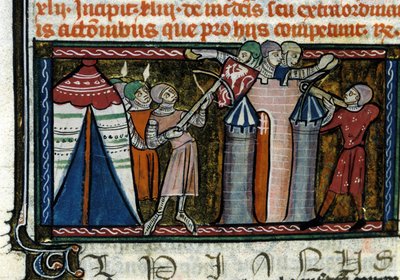 Belägring av ett slott. Miniatyr från ett 1200-talsmanuskript. Milano, Biblioteca Trivulziana. av Unknown artist