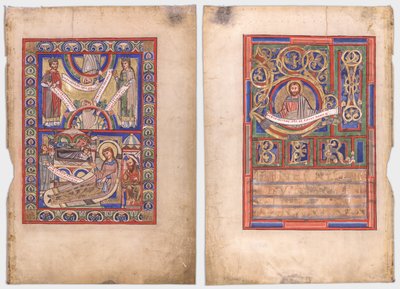 Enstaka blad utskuret ur en evangeliebok: Födelsekyrkan (recto) och St. Matteus (verso) av Unknown artist