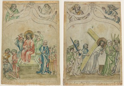 Enkelt blad från en "Biblia Pauperum": Kristus krönt med törnar (recto) Kristus bär korset (verso) av Unknown artist