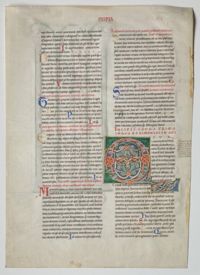 Single Leaf from a Decretum av Gratianus: Dekorerad initial Q[uidam Habens Filium Obtulit] och fyrdubbel arkad med överensstämmelse mellan grekiska och latinska alfabet av Unknown artist