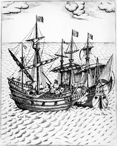 Sir Francis Drakes "Golden Hind" (1540-1596) som fångar det spanska skeppet "Nuestra Senora de Conception", känt som "Cacafuego" 1579, utanför Ecuador. Gravyr 1500-talet. av Unknown artist