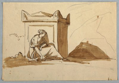 Skiss: En kvinna som sitter framför en antik sarkofag av Unknown artist