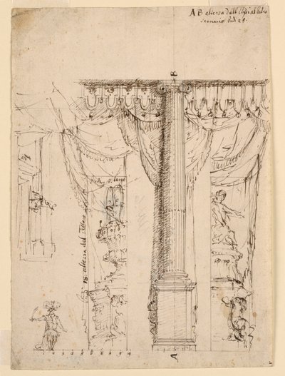 Skiss för tre sidovingar med del av Proscenium-ram av Unknown artist