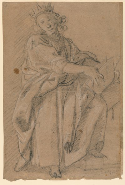 Skiss av en stående krönad figur med en bok av Unknown artist