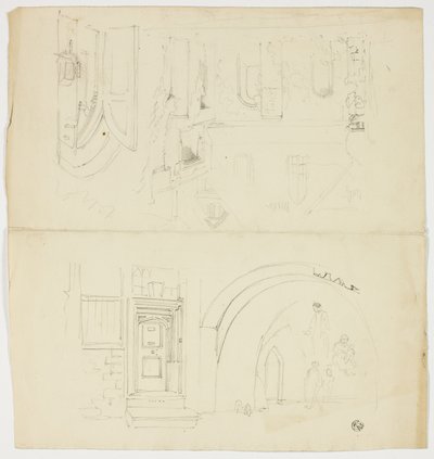 Skisser av dörröppning, figurer, byggnad med sidoingång till kyrka (recto); Skiss av tornspira (verso) av Unknown artist