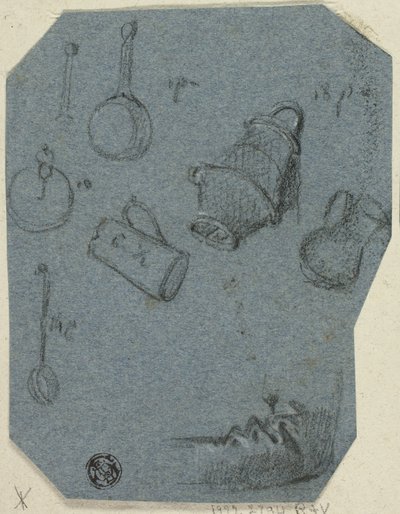 Skisser av köksredskap, böjd arm (recto); historisk scen (verso) av Unknown artist