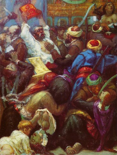 Slakt av kristna i kyrkan i Batak, Bulgarien, av osmanska irreguljära trupper av Unknown artist