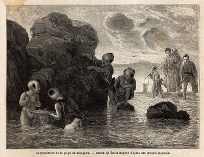 Små fiskeaktiviteter på en strand i Sinagawa, barn plaskar i vattnet och fångar krabbor och småfiskar. Gravyr för att illustrera resan till Japan, 1863-1864, av Aime Humbert, minister för Schweiziska edsförbundet, i "" Le tour du monde, nouveau j av Unknown artist