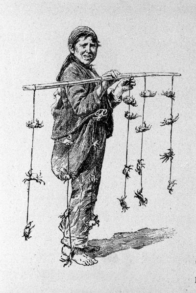 Liten metier: en barnförsäljare av krabbor. Siciliens gravyr från 1800-talet av Unknown artist