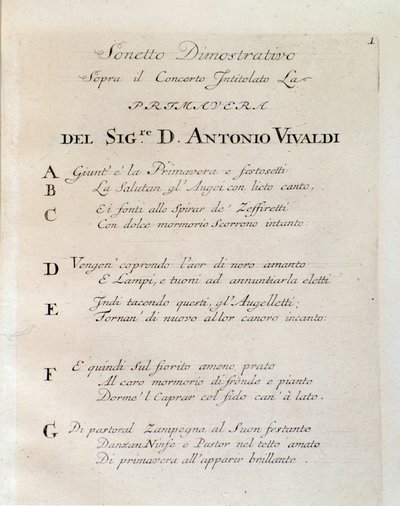 Sonet i början av våren (La primavera) konsert i The trial of harmony and uppfinning av Antonio Vivaldi av Unknown artist