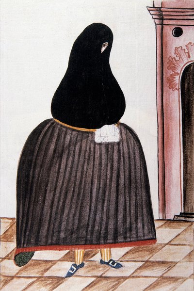 Spansk kvinna som bär en skiffer som täcker hennes ansikte, från "Trujillo del Peru" eller "Codex Martinez Companion", av Baltazar Martinez Companion och Bujanda, biskop av Trujillo (1782-1785) av Unknown artist