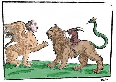 Sfinxen mot chimären efter mytologi Patavia 1637 av Unknown artist
