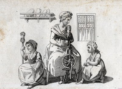 Spinning: mamma och hennes döttrar spinner ull. Kvinnan använder ett spinnhjul och hennes dotter använder en stjärt. Slutgravyr av 1700-talet. Privat samling. av Unknown artist