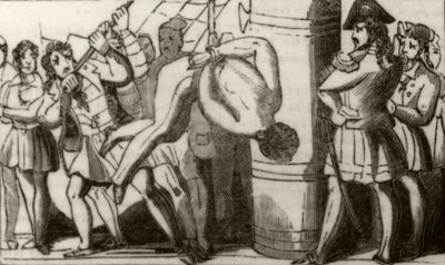 "Spriggs som hissar upp besättningen på en Boston-skonare till förtoppen och låter dem sedan falla på däck", c.1836 av Unknown artist