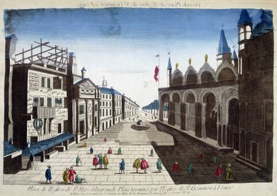 Markuskyrkans torg och Stora torget avslutas av St. Geminiankyrkan i Venedig. Gravyr av 1700-talet. av Unknown artist