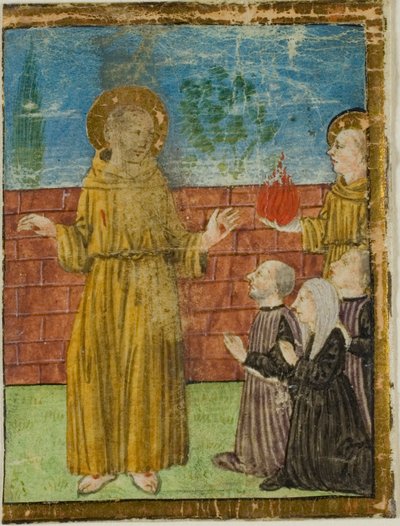 Franciskus av Assisi med donatorer i en historiserad initial från ett oidentifierat manuskript av Unknown artist