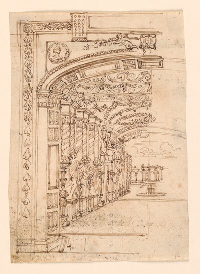 Scendesign: Arcade Leading to a Garden av Unknown artist