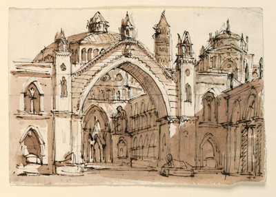 Scenografi, exteriör av gotiska kyrkan av Unknown artist