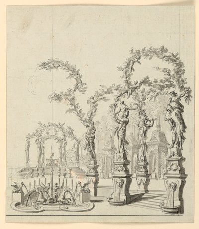 Scenografi: Trädgårdsarkitektur med fontän och skulpturer av Unknown artist