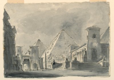 Scendesign, grupp av egyptiska byggnader från exteriören av Unknown artist
