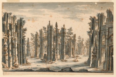 Scenografi, grupp av förstörda byggnader med obelisker av Unknown artist