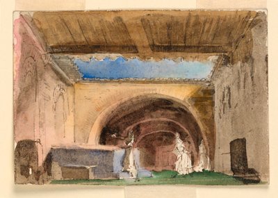 Scenografi, interiör av hus och domstol av Unknown artist