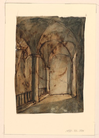 Scenografi, välvd kyrka interiör av Unknown artist