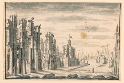 Scenografi, utsikt över staden och hamnen av Unknown artist
