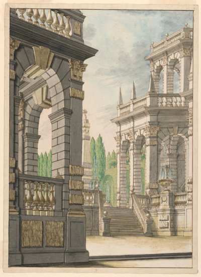 Scenografi: Villa med obelisk och albaniska armar av Unknown artist