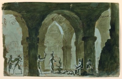 Sceninställning, människor som rusar in i krypten av Unknown artist