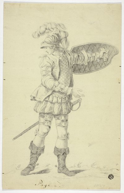 Stående sida med sköld och svärd av Unknown artist