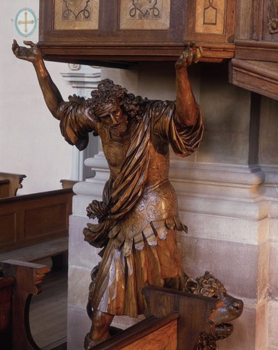 Staty av Simson under predikstolen i klosterkyrkan i Ebersmunster, Alsace av Unknown artist