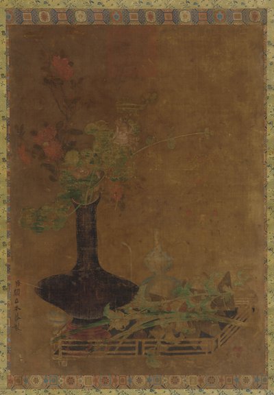 Stilleben - en svart vas och blommor av Unknown artist