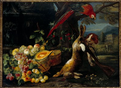 Stilleben av vilt, papegoja och frukt Anonym målning av 1700-talets Paris, dekorativ konst av Unknown artist