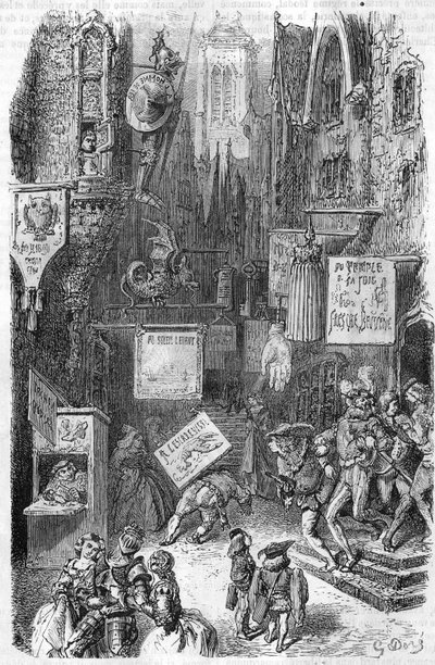 Gatubild under medeltiden. 1800-talsgravyr. av Unknown artist