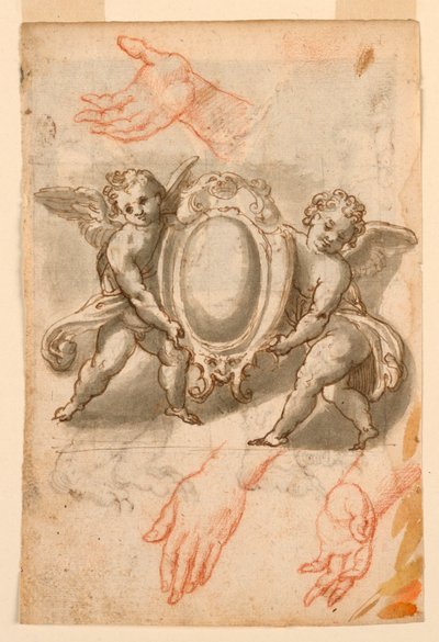 Studier av händer och Putti med en skylt av Unknown artist