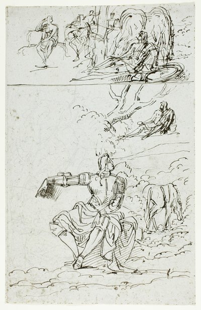 Studieblad med sittande riddare (recto); stående manlig figur i medeltida dräkt (verso) av Unknown artist