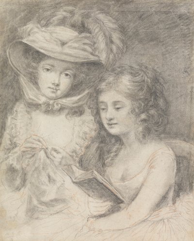 Studie av en kvinna som syr och en flicka som läser av Unknown artist