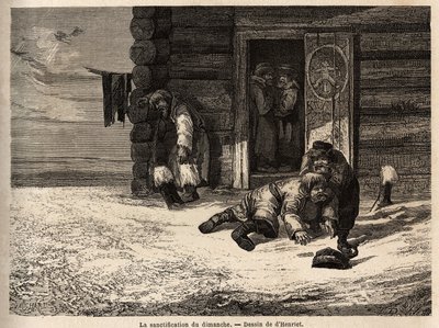 Söndag helgelse har spiskummin sprit, Dorpat arbetare. Ritning av Henriet, för att illustrera hans resa till de ryska baltiska provinserna 1851-54. Gravyr i "" Le tour du monde"", redigerad av Edouard Charton av Unknown artist