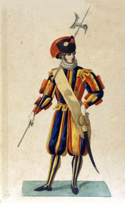 Schweizisk vakt i Vatikanstaten i liten outfit. av Unknown artist
