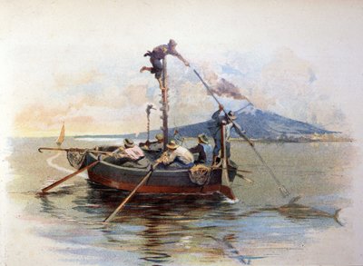 Svärdfisk harpunfiske i Detroit of Messina på Sicilien. Akvarell 1898 av Unknown artist