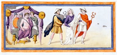 Talthybios och Eurybates tar jungfrun Briseis före Akilles, som står i Myrmidones tält. Iliaden Chant I, v 345. Gravyr från slutet av 1700-talet. av Unknown artist